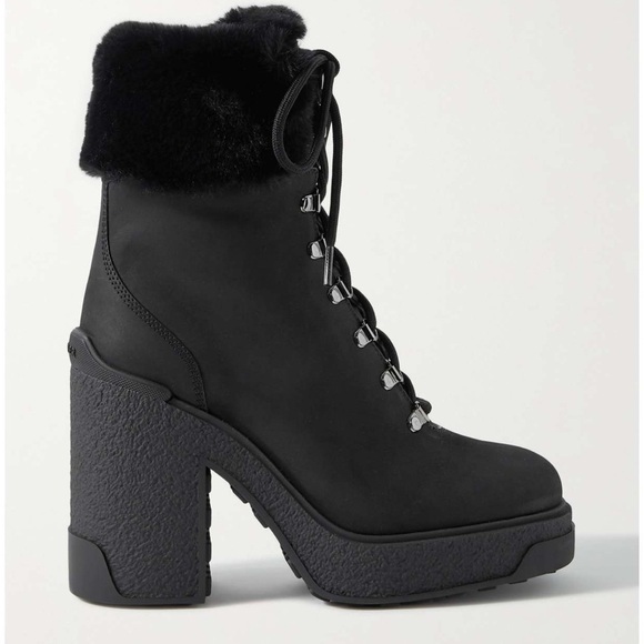 Moncler Claudia Faux Fur-Trimmed Nubuck Ankle Boot in Black - Picture 1 of 17